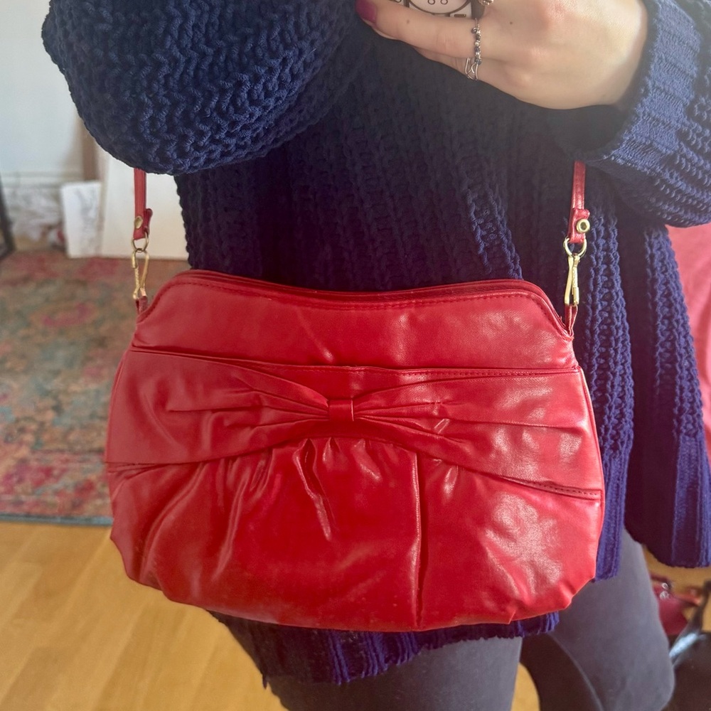 Vintage Unique Cherry Red Shoulder Purse With Bow Detailing
